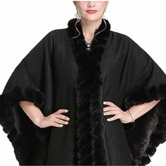 Vince Camuto Black Fur-Trimmed Poncho Sweater - Picture 1 of 5